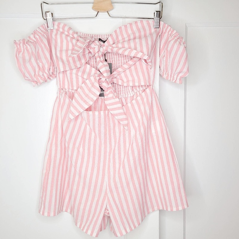 Nasty Gal Stripe Tie Front Romper Pink Striped NEW - Picture 5 of 8